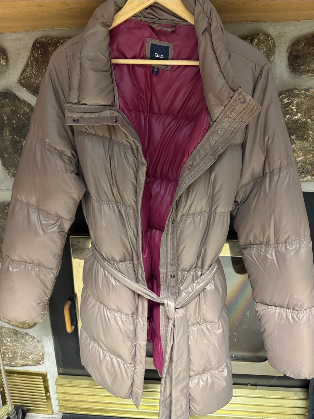 GAP Taupe Long Puffer Coat with Burgundy Interior
